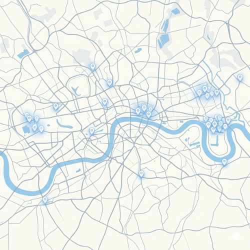 Map of London exhibition hubs and event venues for LED screen hire london services by Stage & Light Services